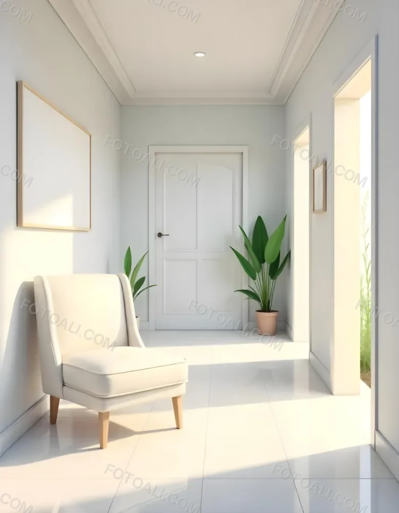 A White Chair Under A Blank Poster In A Long Corridor With Doors And Plants The Floor Is Shiny 23 Efbb