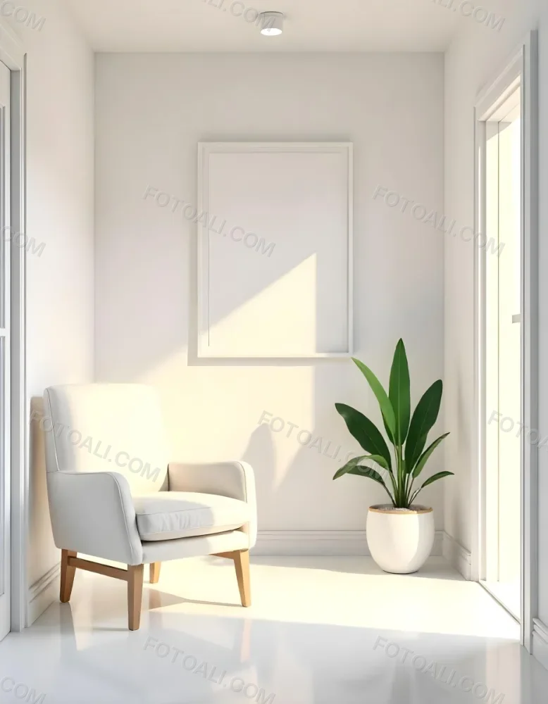 A White Chair Under A Blank Poster In A Long Corridor With Doors And Plants The Floor Is Shiny 34 99e9