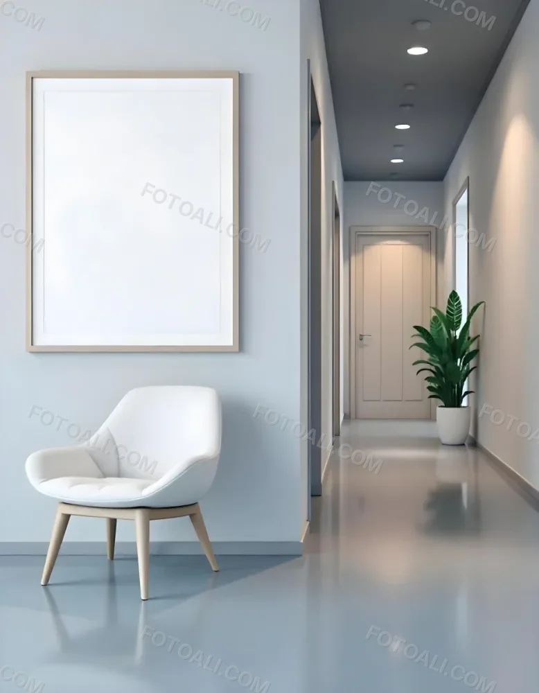 A White Chair Under A Blank Poster In A Long Corridor With Doors And Plants The Floor Is Shiny 35 A921