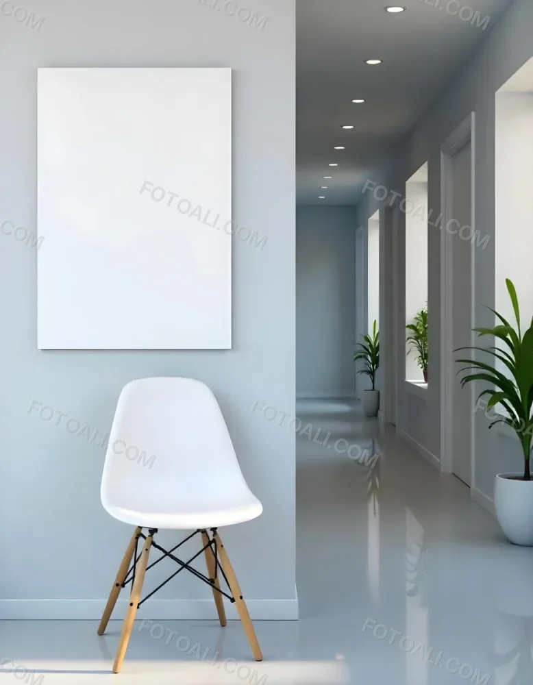 A White Chair Under A Blank Poster In A Long Corridor With Doors And Plants The Floor Is Shiny 38 F732