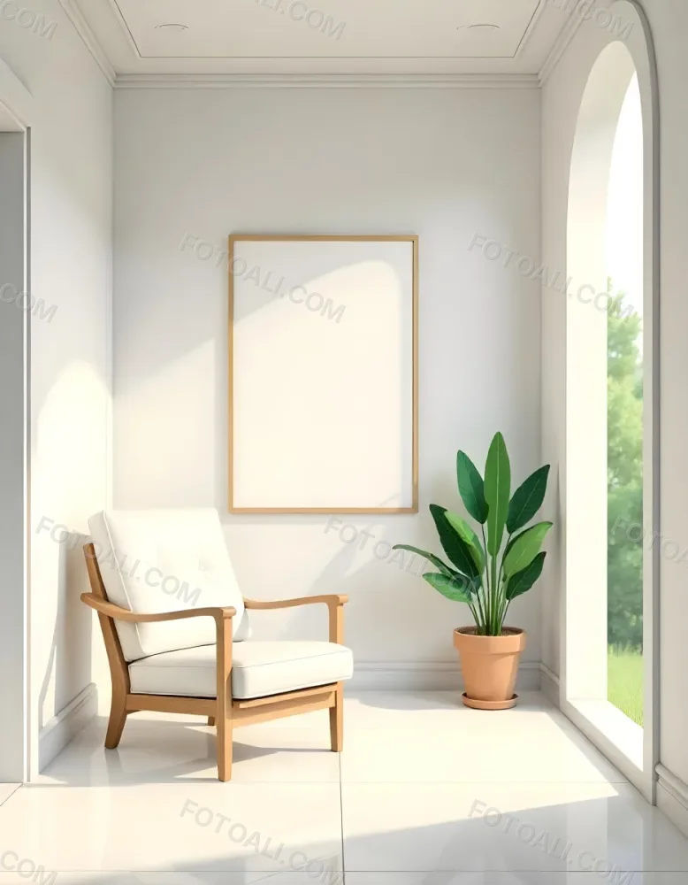 A White Chair Under A Blank Poster In A Long Corridor With Doors And Plants The Floor Is Shiny 6 1a6d