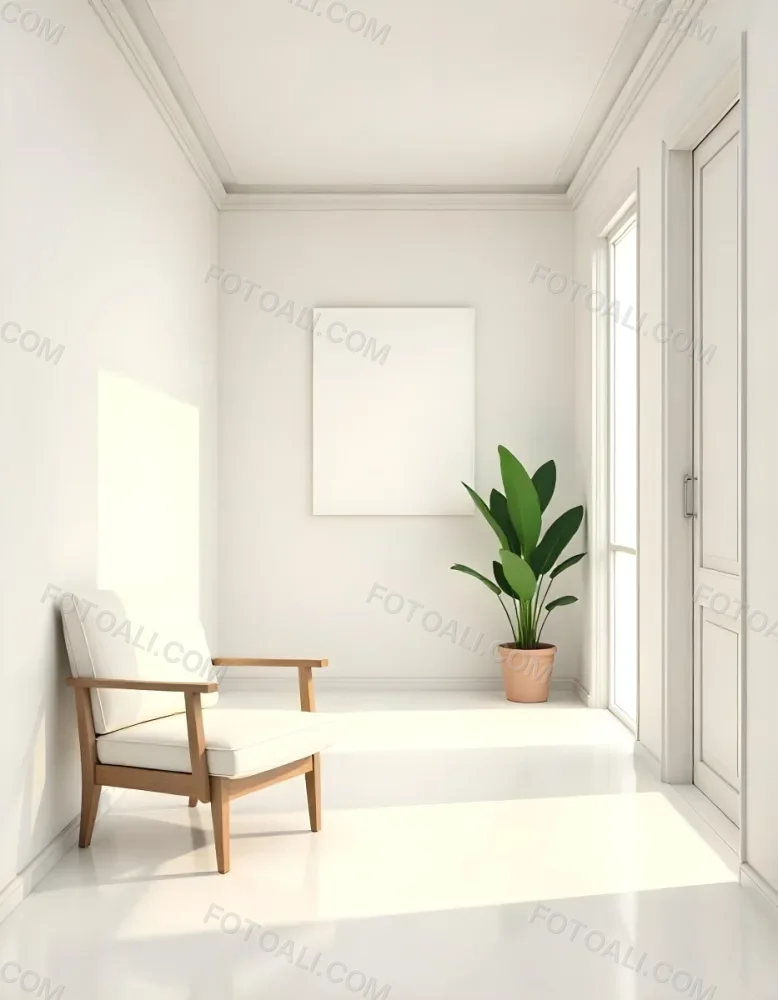A White Chair Under A Blank Poster In A Long Corridor With Doors And Plants The Floor Is Shiny 7 0512