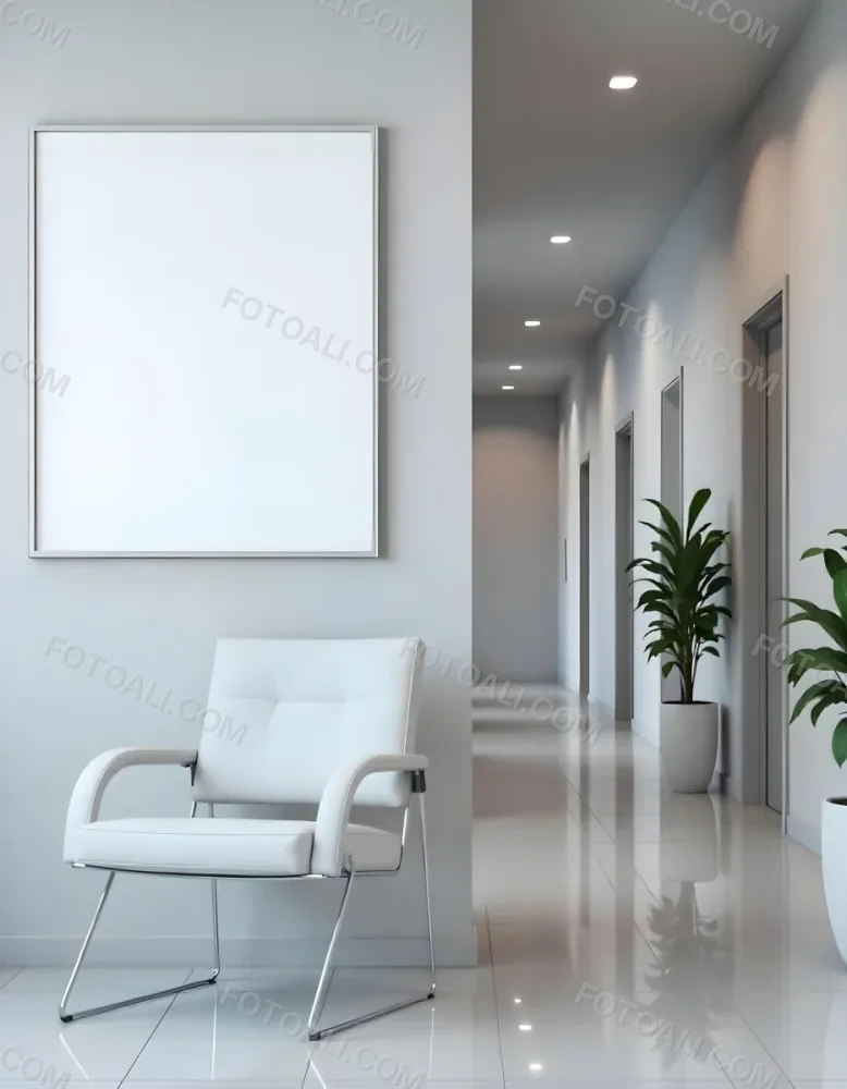 A White Chair Under A Blank Poster In A Long Corridor With Doors And Plants The Floor Is Shiny 8 002e