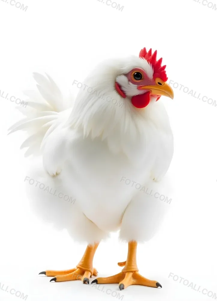 A White Chicken With A Red Crest And Yellow Beak Standing In A White Background 20 Edc9
