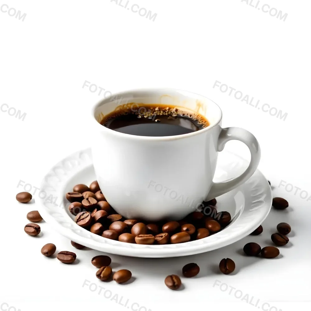 A White Cup Of Coffee With A Splash On A White Plate Surrounded By Coffee Beans On A White Background 10 7d27