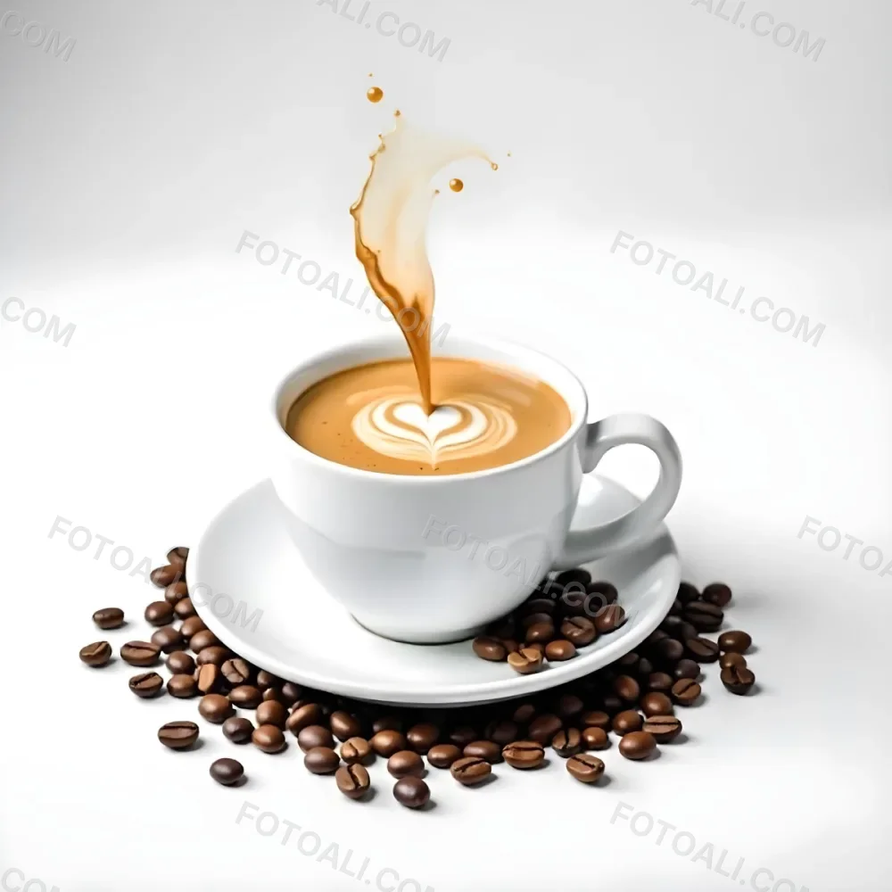 A White Cup Of Coffee With A Splash On A White Plate Surrounded By Coffee Beans On A White Background 15 148c