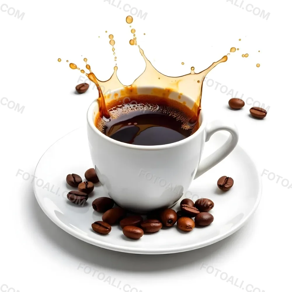 A White Cup Of Coffee With A Splash On A White Plate Surrounded By Coffee Beans On A White Background 18 Fa3e