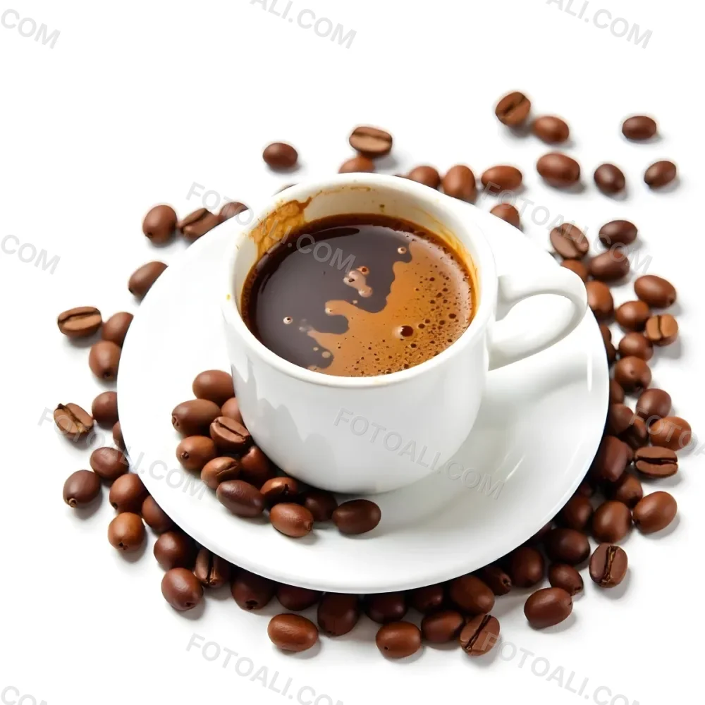 A White Cup Of Coffee With A Splash On A White Plate Surrounded By Coffee Beans On A White Background 28 58c6