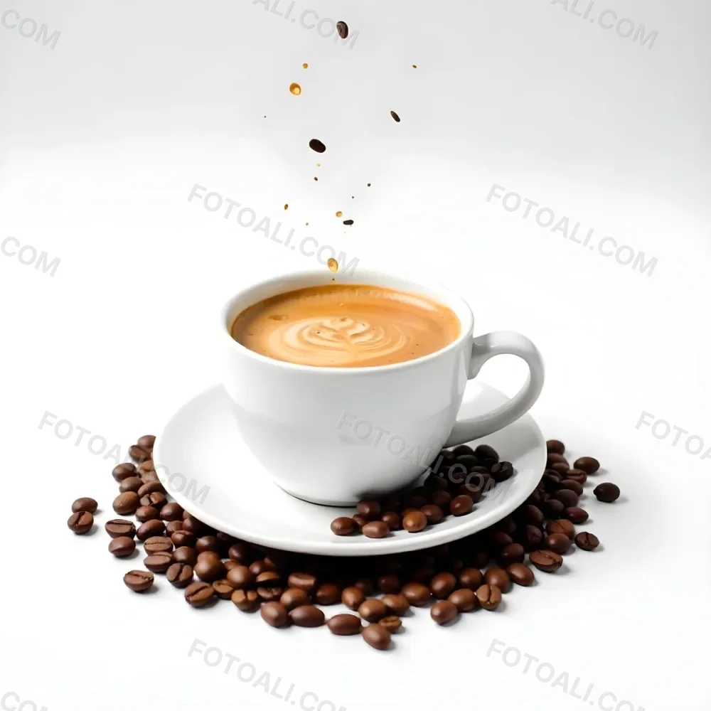 A White Cup Of Coffee With A Splash On A White Plate Surrounded By Coffee Beans On A White Background 30 B195
