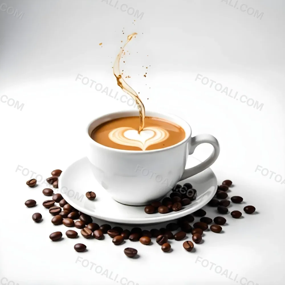 A White Cup Of Coffee With A Splash On A White Plate Surrounded By Coffee Beans On A White Background 32 5b52