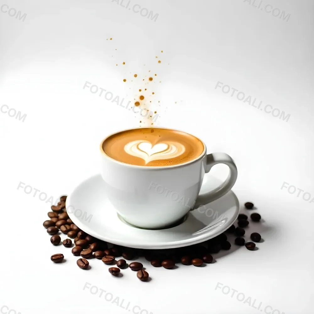 A White Cup Of Coffee With A Splash On A White Plate Surrounded By Coffee Beans On A White Background 5 3c04