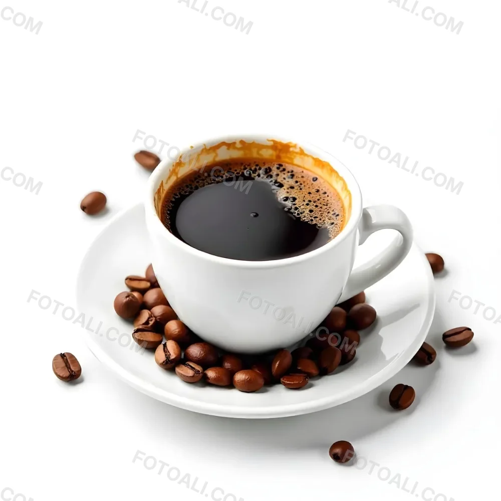 A White Cup Of Coffee With A Splash On A White Plate Surrounded By Coffee Beans On A White Background 6 9984