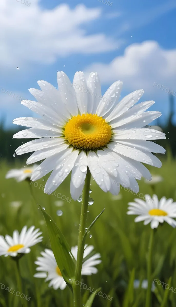 A White Daisy With Water Drops On The Petals Green Center Blue Stem In A Field Of Grass With Other Daisies Blue Sky In The Background 11 02d0