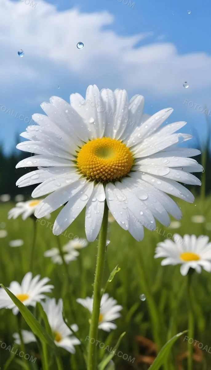 A White Daisy With Water Drops On The Petals Green Center Blue Stem In A Field Of Grass With Other Daisies Blue Sky In The Background 14 758c