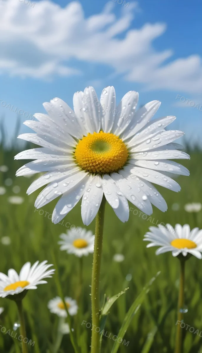A White Daisy With Water Drops On The Petals Green Center Blue Stem In A Field Of Grass With Other Daisies Blue Sky In The Background 16 38ed