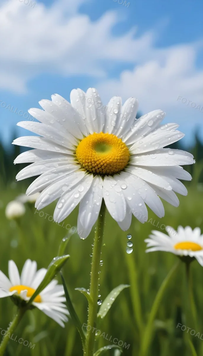 A White Daisy With Water Drops On The Petals Green Center Blue Stem In A Field Of Grass With Other Daisies Blue Sky In The Background 25 8f25