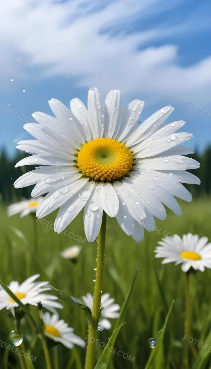 A White Daisy With Water Drops On The Petals Green Center Blue Stem In A Field Of Grass With Other Daisies Blue Sky In The Background 28 1477