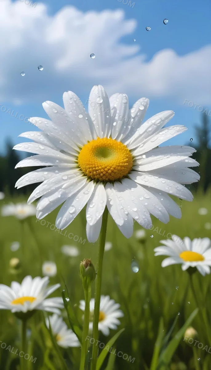 A White Daisy With Water Drops On The Petals Green Center Blue Stem In A Field Of Grass With Other Daisies Blue Sky In The Background 6 2333