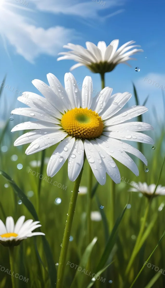 A White Daisy With Water Drops On The Petals Green Center Blue Stem In A Field Of Grass With Other Daisies Blue Sky In The Background 7 9080