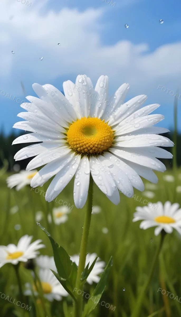 A White Daisy With Water Drops On The Petals Green Center Blue Stem In A Field Of Grass With Other Daisies Blue Sky In The Background 8 7614