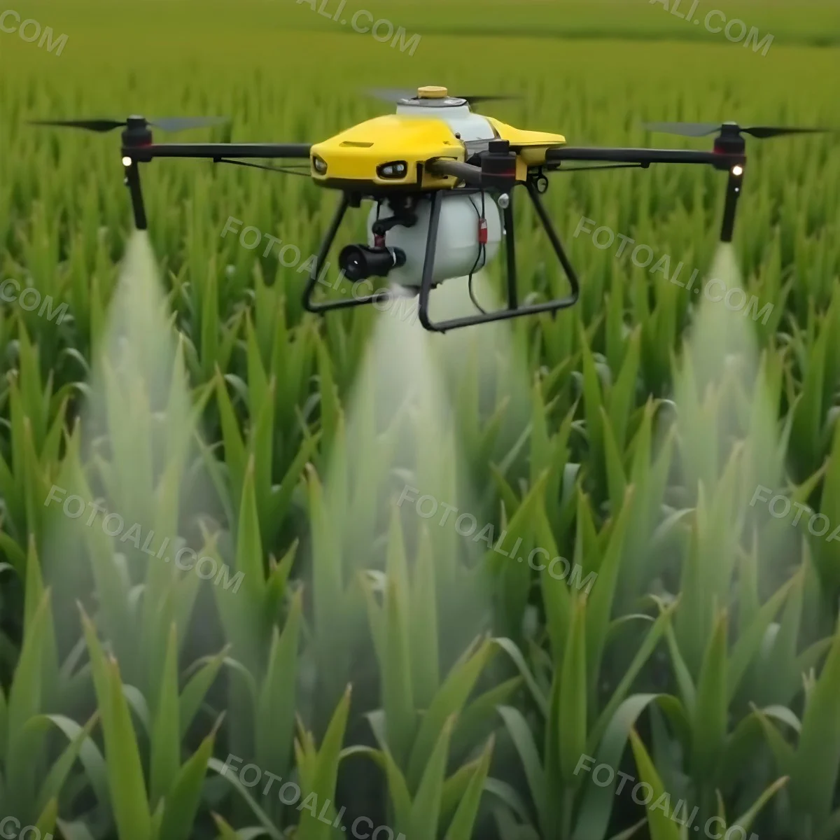 A White Drone Spraying Pesticides Over A Green Cornfield The Drone Has Four Propellers And A White Tank The Background Is A Green Field With Trees 1 Bc3e