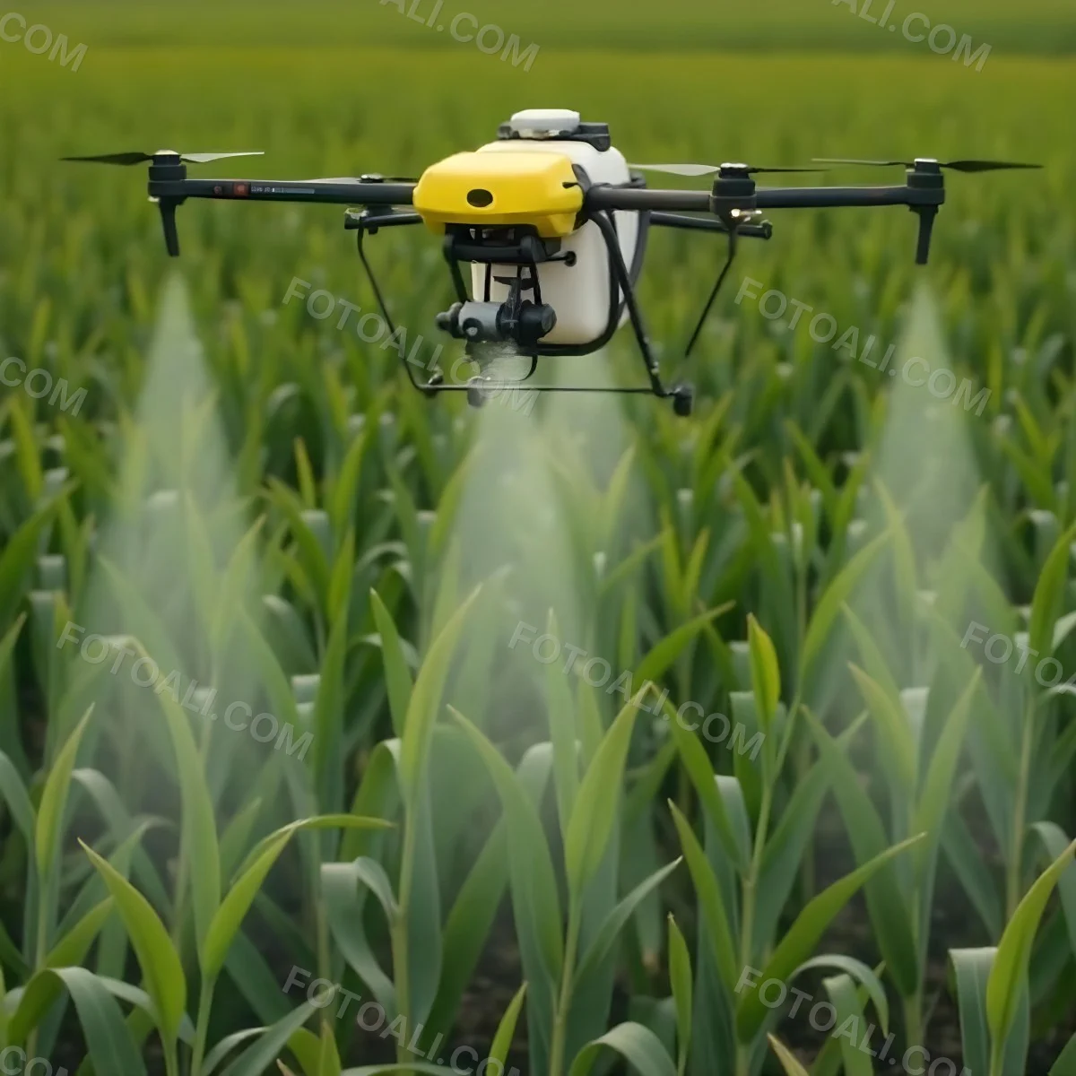 A White Drone Spraying Pesticides Over A Green Cornfield The Drone Has Four Propellers And A White Tank The Background Is A Green Field With Trees 10 B0c7