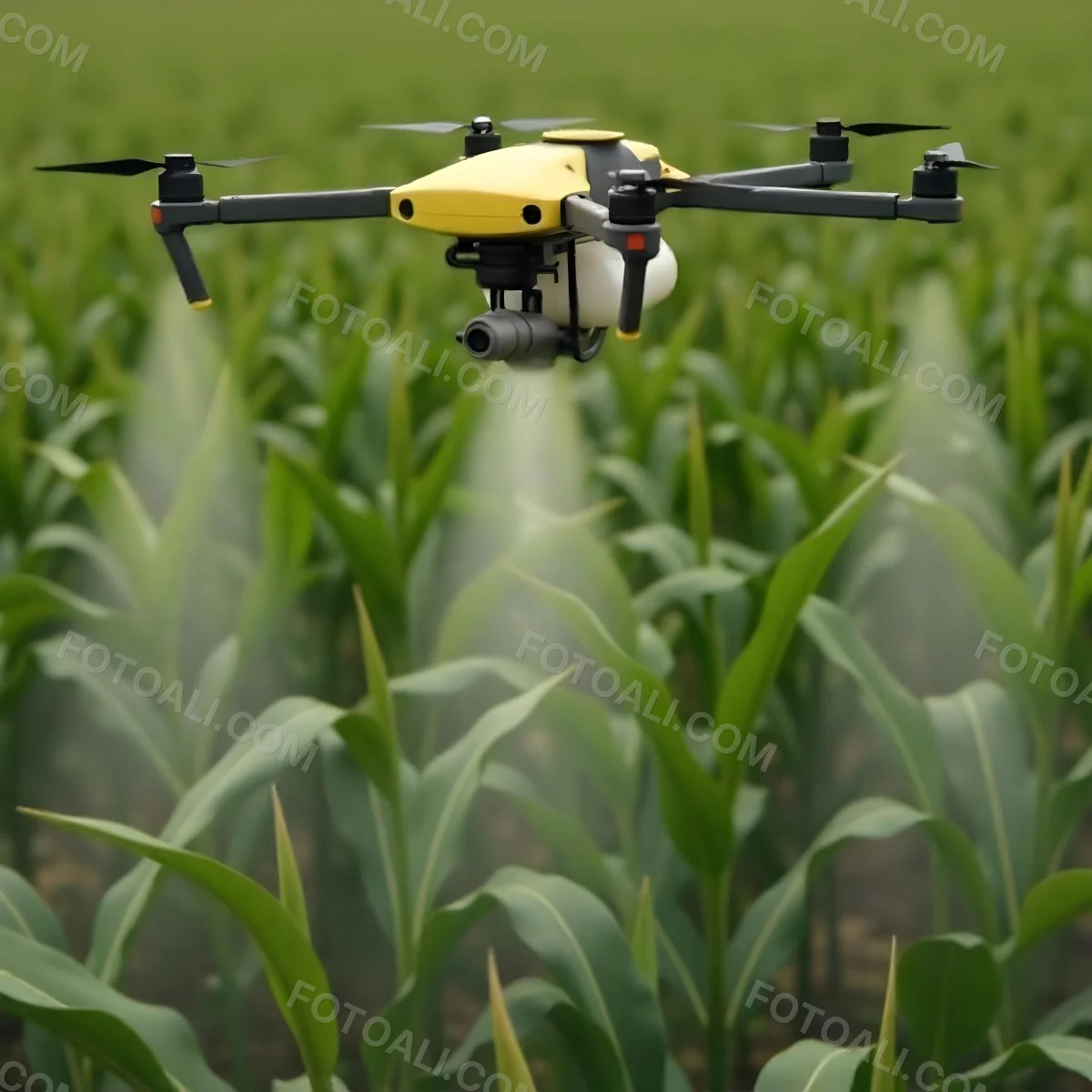 A White Drone Spraying Pesticides Over A Green Cornfield The Drone Has Four Propellers And A White Tank The Background Is A Green Field With Trees 13 3ecc