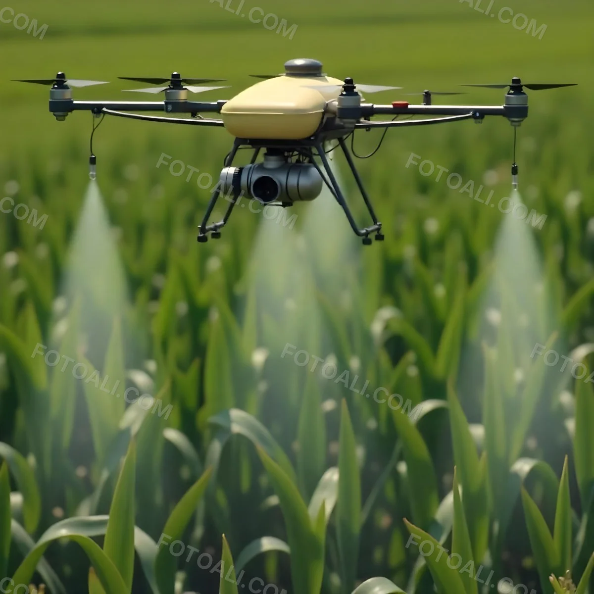 A White Drone Spraying Pesticides Over A Green Cornfield The Drone Has Four Propellers And A White Tank The Background Is A Green Field With Trees 14 1b65