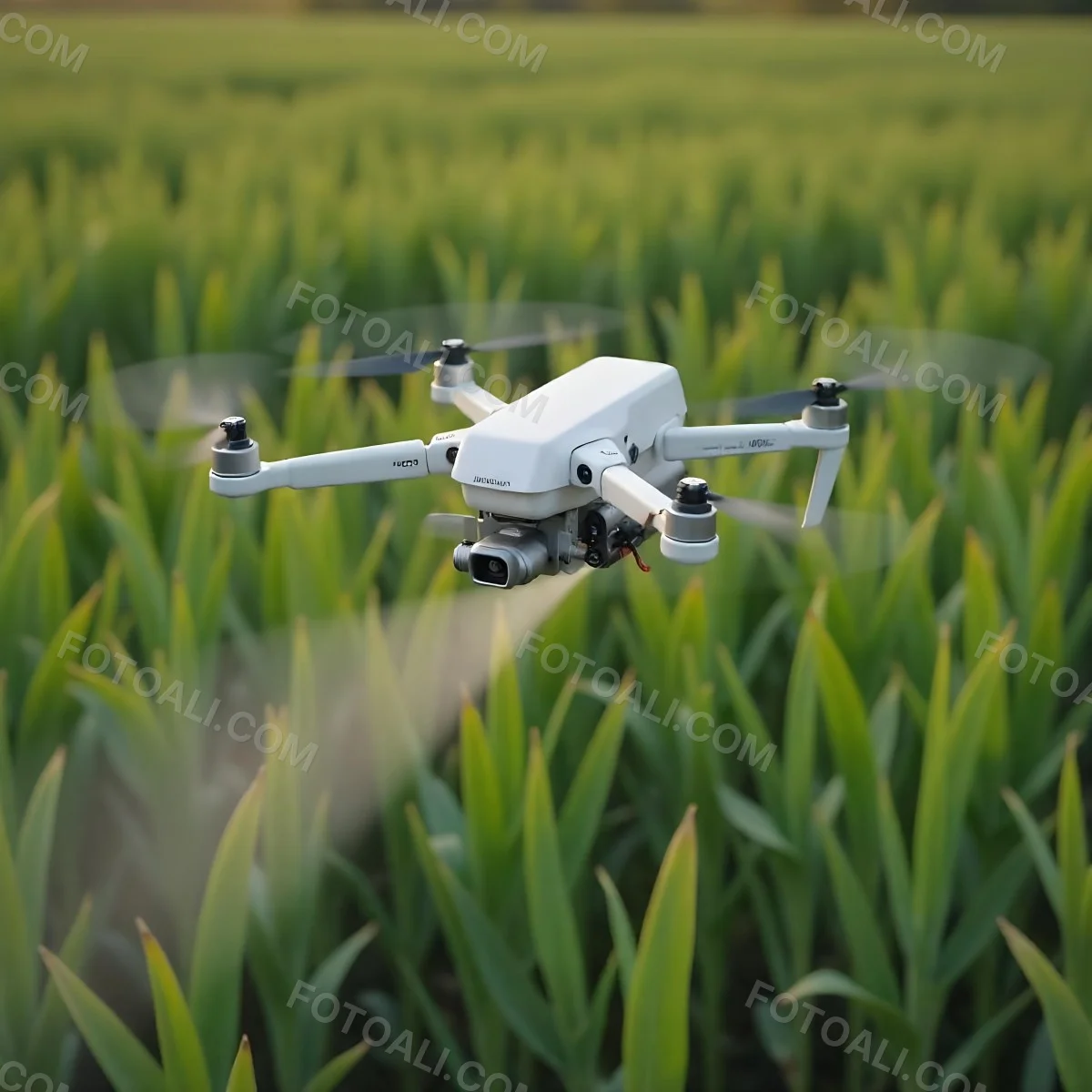 A White Drone Spraying Pesticides Over A Green Cornfield The Drone Has Four Propellers And A White Tank The Background Is A Green Field With Trees 17 A7a1