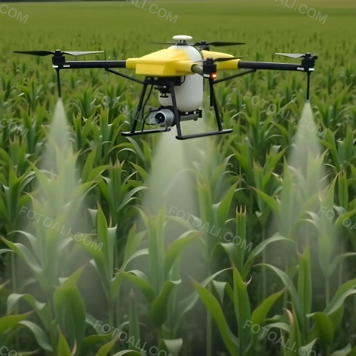 A White Drone Spraying Pesticides Over A Green Cornfield The Drone Has Four Propellers And A White Tank The Background Is A Green Field With Trees 2 B5ab