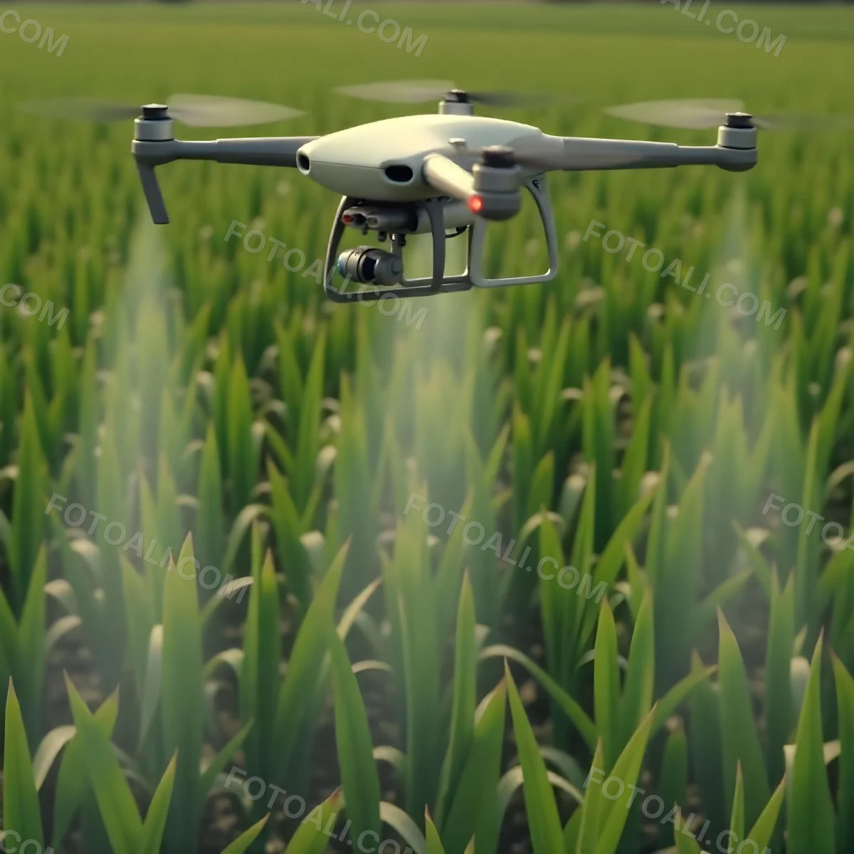 A White Drone Spraying Pesticides Over A Green Cornfield The Drone Has Four Propellers And A White Tank The Background Is A Green Field With Trees 3 8839