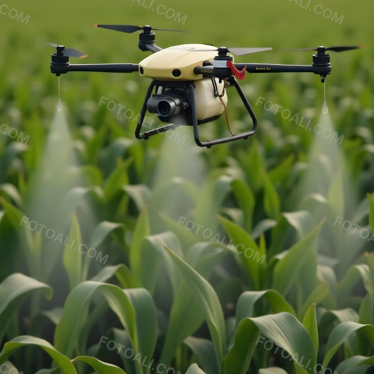 A White Drone Spraying Pesticides Over A Green Cornfield The Drone Has Four Propellers And A White Tank The Background Is A Green Field With Trees 4 849a