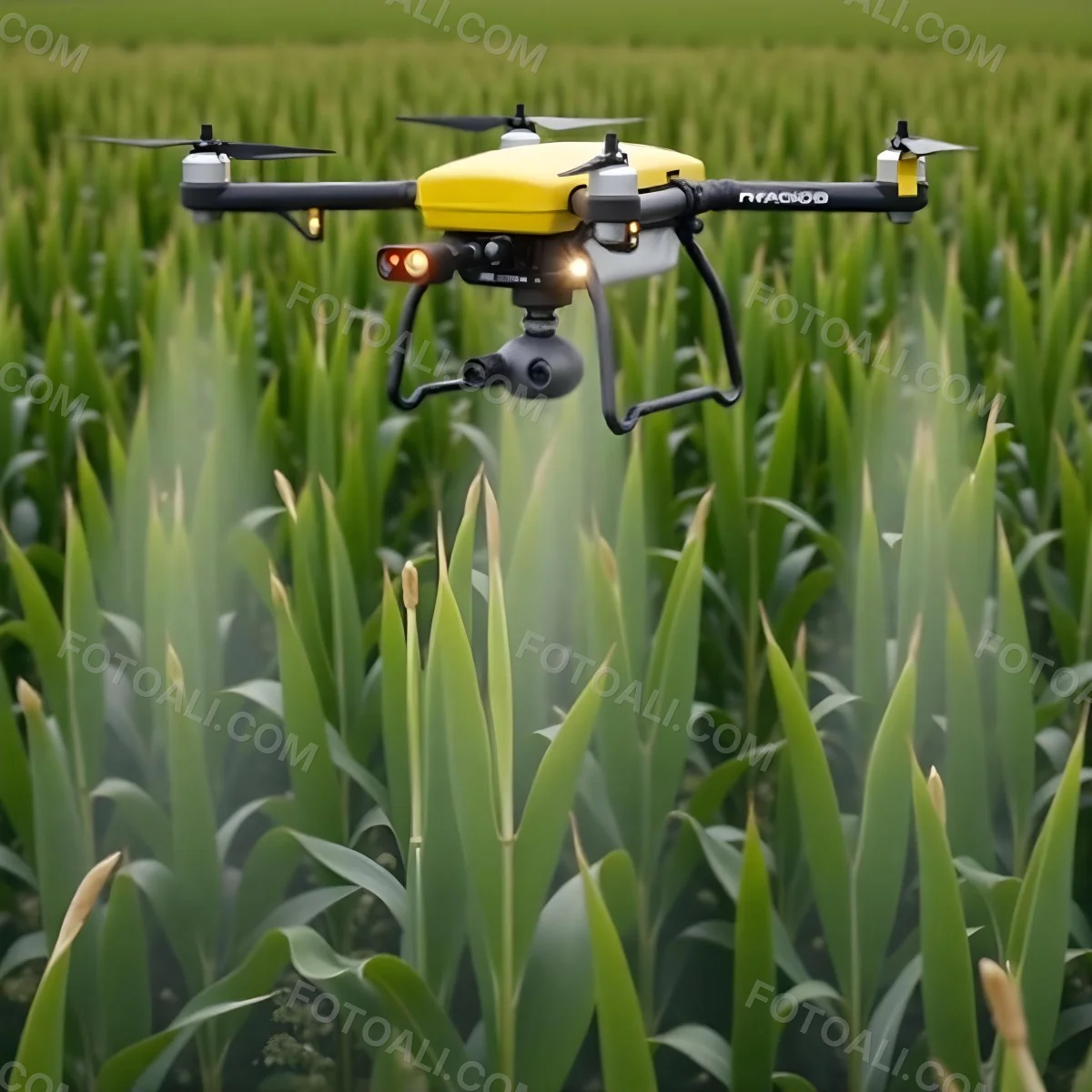 A White Drone Spraying Pesticides Over A Green Cornfield The Drone Has Four Propellers And A White Tank The Background Is A Green Field With Trees 5 037f