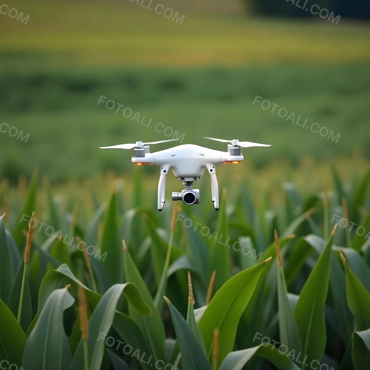 A White Drone Spraying Pesticides Over A Green Cornfield The Drone Has Four Propellers And A White Tank The Background Is A Green Field With Trees 6 B09e