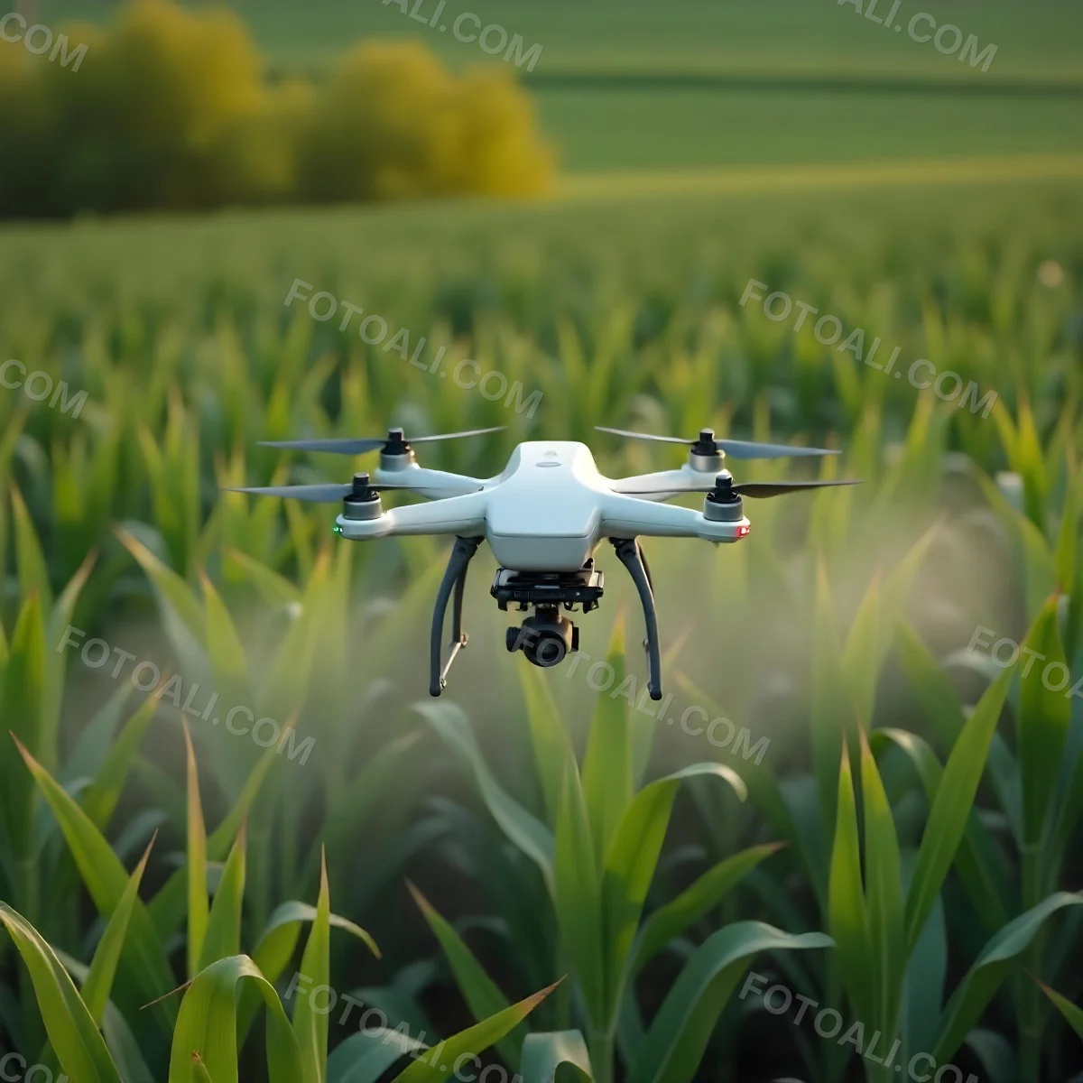 A White Drone Spraying Pesticides Over A Green Cornfield The Drone Has Four Propellers And A White Tank The Background Is A Green Field With Trees 7 6dba