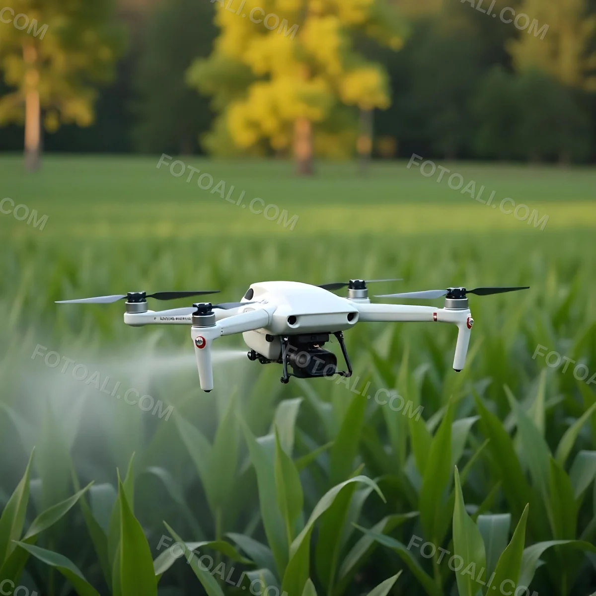 A White Drone Spraying Pesticides Over A Green Cornfield The Drone Has Four Propellers And A White Tank The Background Is A Green Field With Trees 8 C013