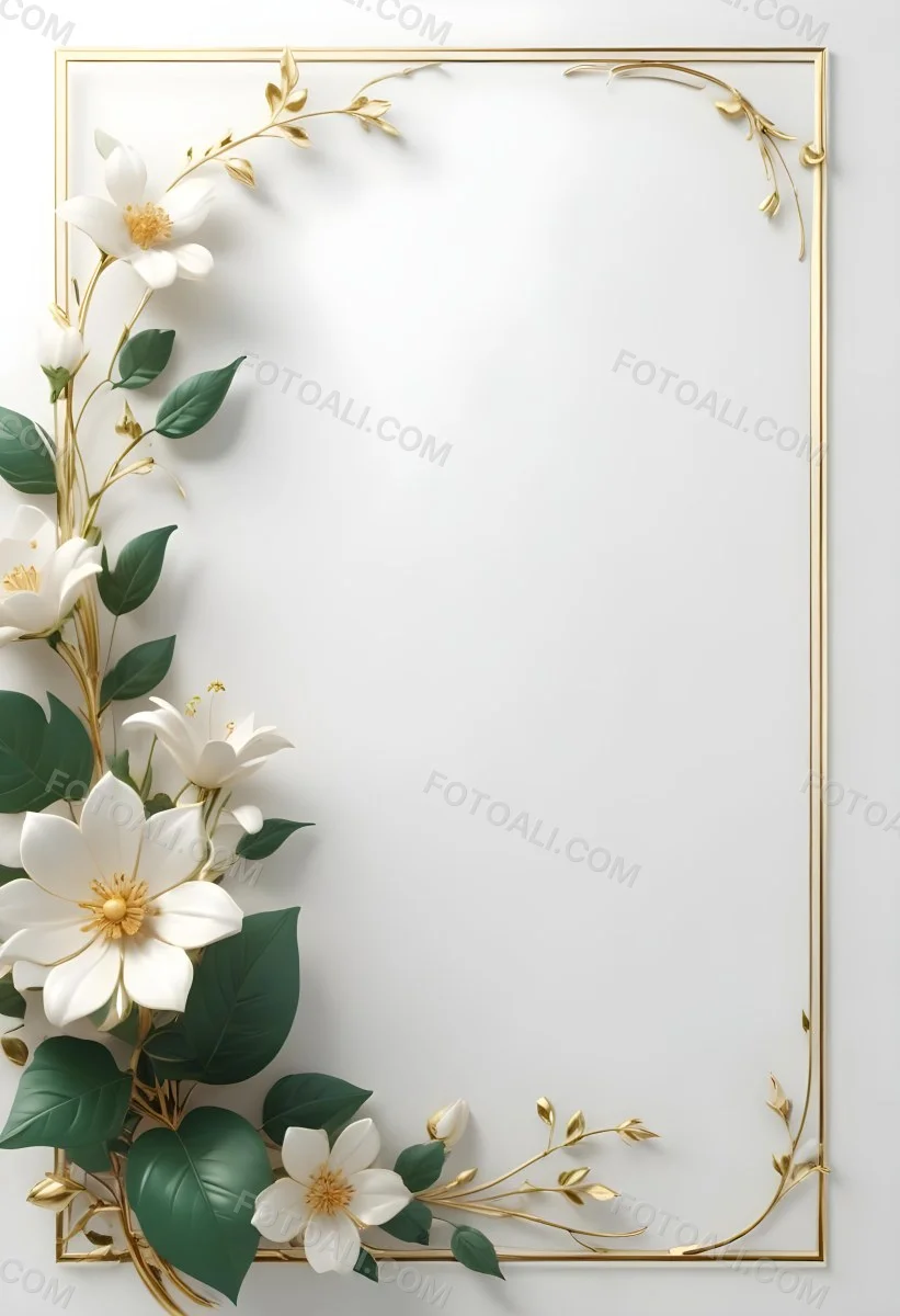 A White Flower With Green Leaves And Golden Stems On A Light Background With A Golden Frame 46 B959