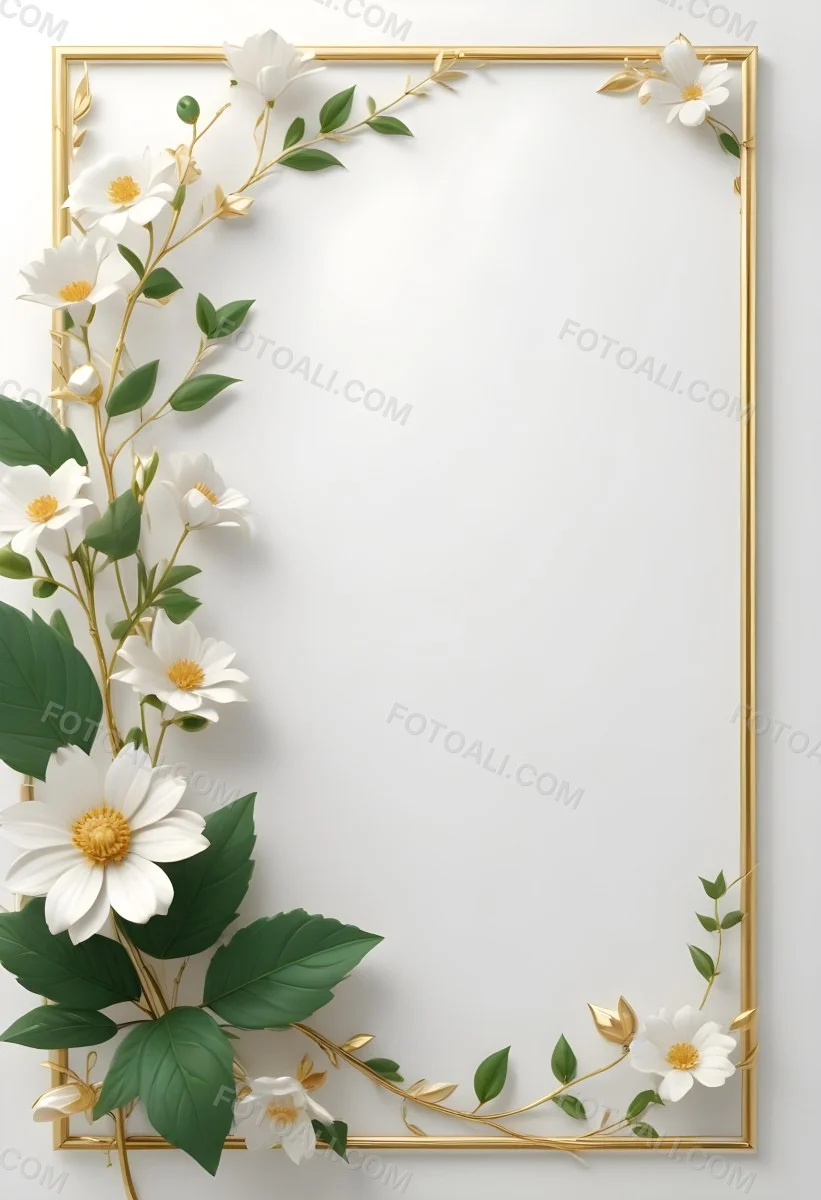 A White Flower With Green Leaves And Golden Stems On A Light Background With A Golden Frame 49 9275