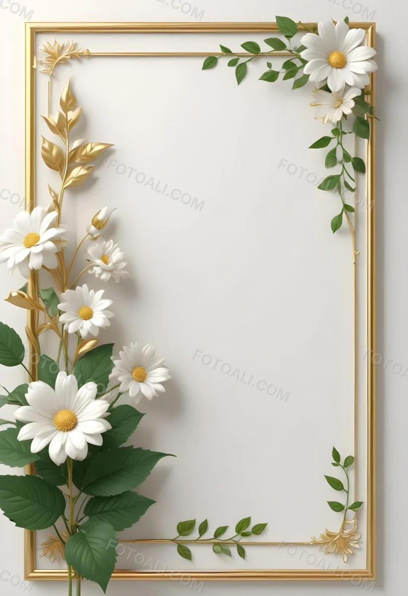 A White Flower With Green Leaves And Golden Stems On A Light Background With A Golden Frame 50 22c6