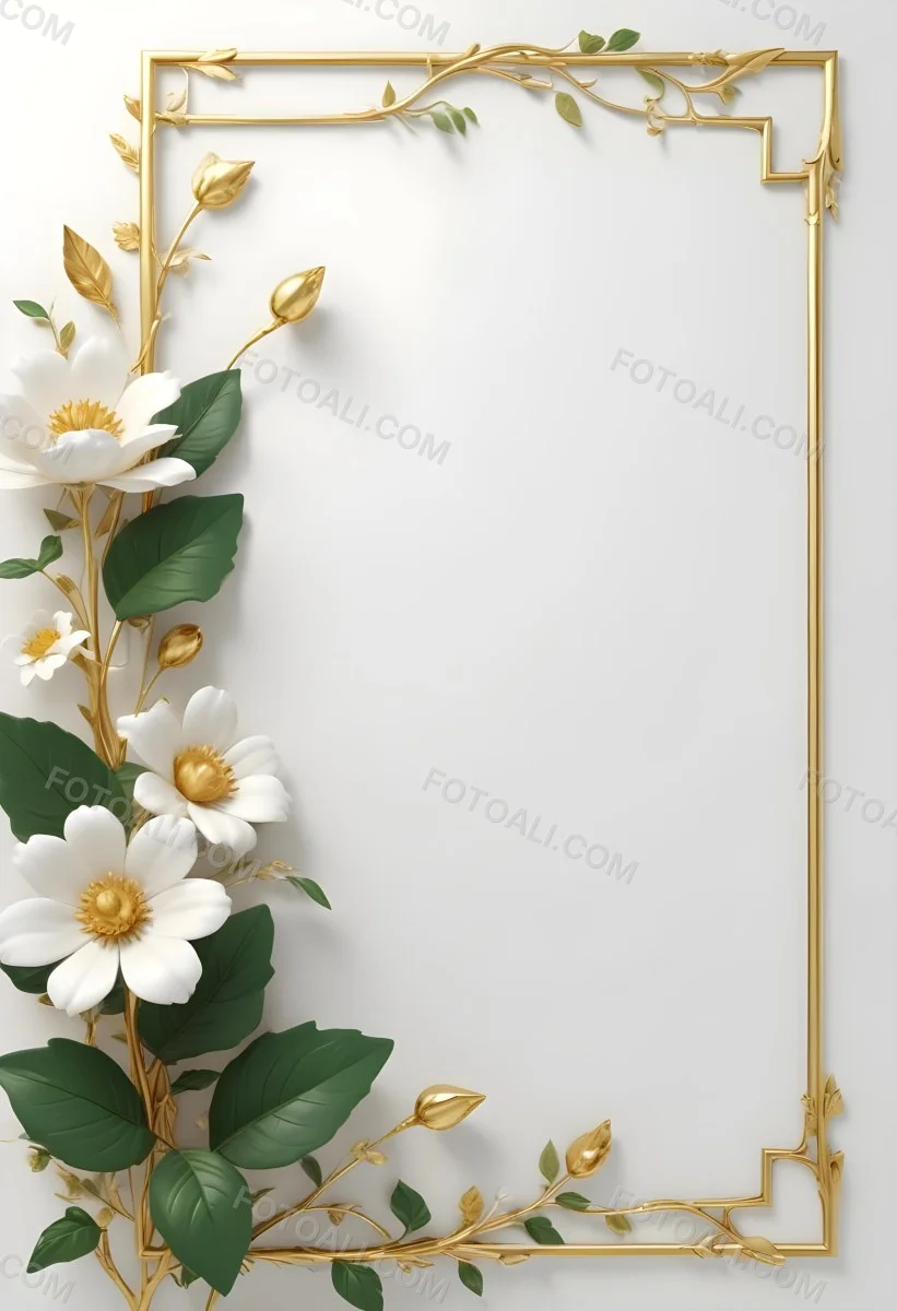 A White Flower With Green Leaves And Golden Stems On A Light Background With A Golden Frame 61 238e