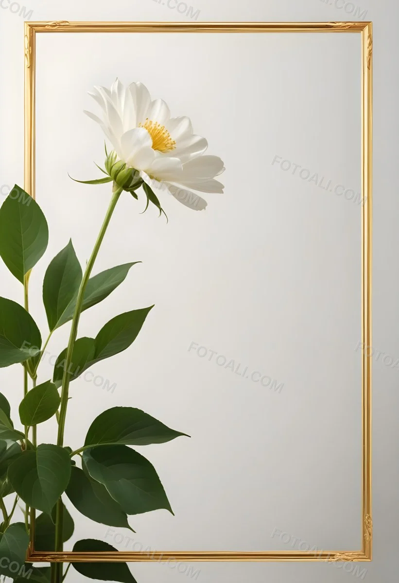 A White Flower With Green Leaves And Golden Stems On A Light Background With A Golden Frame 7 Fa73