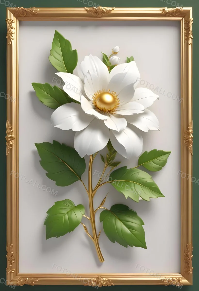A White Flower With Green Leaves And Golden Stems On A Light Background With A Golden Frame 72 F0d2