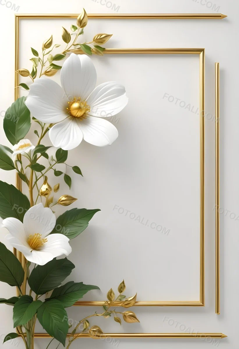 A White Flower With Green Leaves And Golden Stems On A Light Background With A Golden Frame 77 Bfef