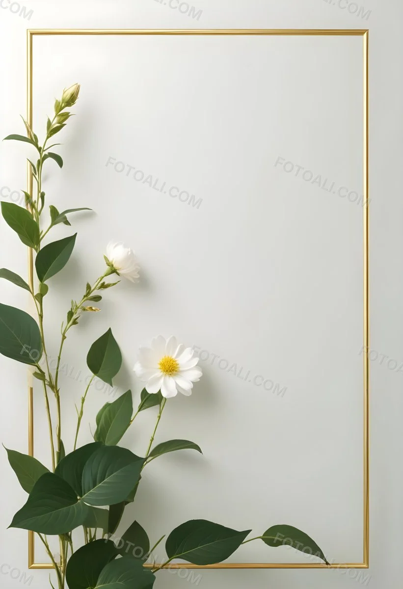 A White Flower With Green Leaves And Golden Stems On A Light Background With A Golden Frame 8 Ca85