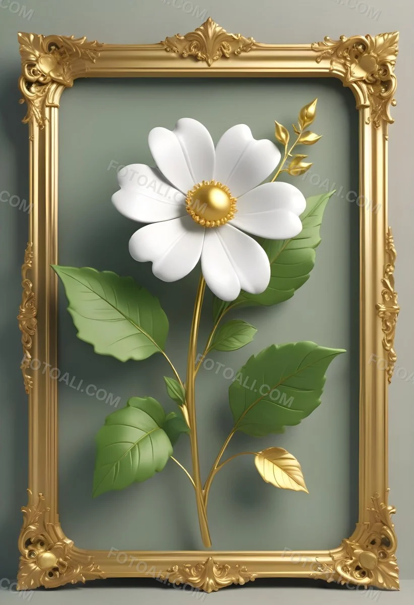 A White Flower With Green Leaves And Golden Stems On A Light Background With A Golden Frame 82 7e7f