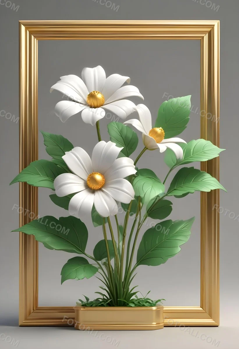 A White Flower With Green Leaves And Golden Stems On A Light Background With A Golden Frame 83 D910