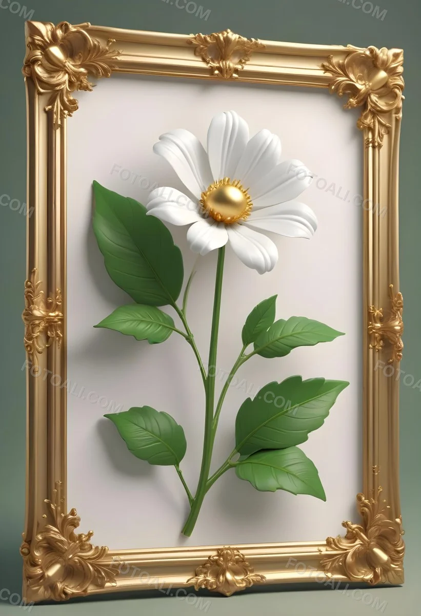 A White Flower With Green Leaves And Golden Stems On A Light Background With A Golden Frame 84 Ae17