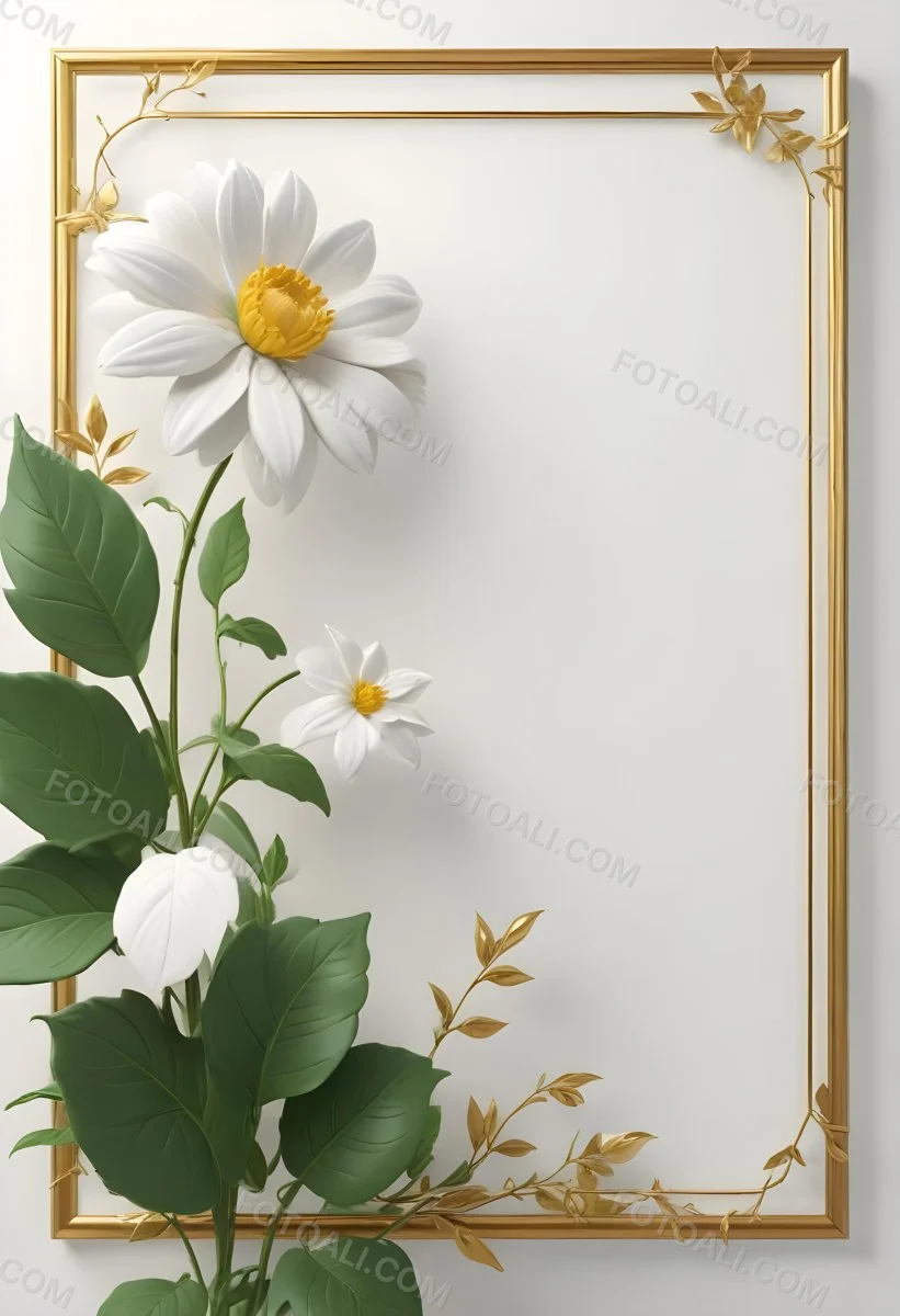 A White Flower With Green Leaves And Golden Stems On A Light Background With A Golden Frame 85 973a