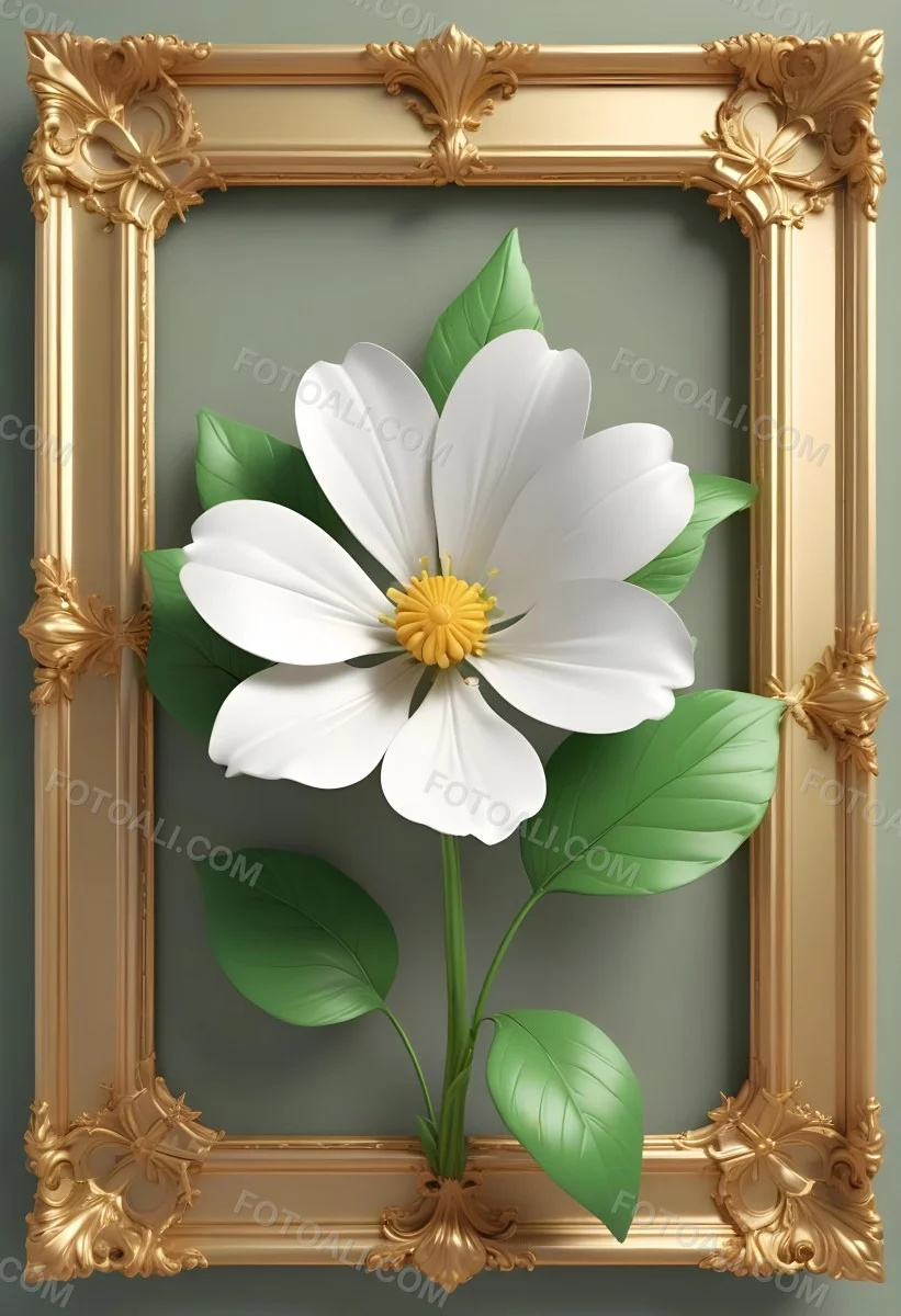 A White Flower With Green Leaves And Golden Stems On A Light Background With A Golden Frame 89 7f7a