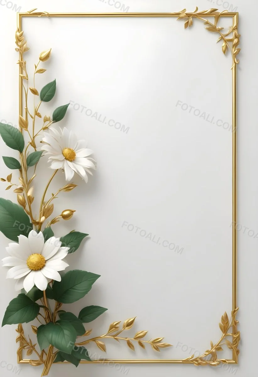 A White Flower With Green Leaves And Golden Stems On A Light Background With A Golden Frame 95 Eb53